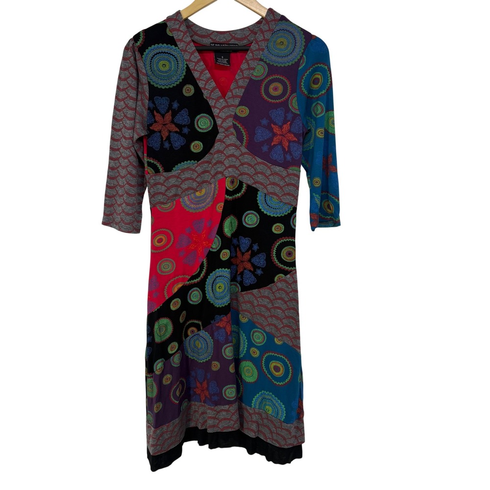 The Pyramid Collection Patchwork Mandala V-Neck Midi Dress S Artsy Indie Boho
